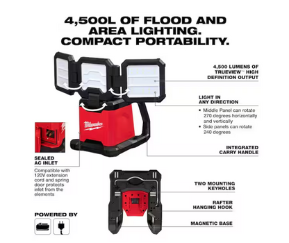 Milwaukee M18 18V 4500 Lumens ROVER Dual Power Triple-Panel Flood & Area Light 2368-20 (TOOL ONLY)