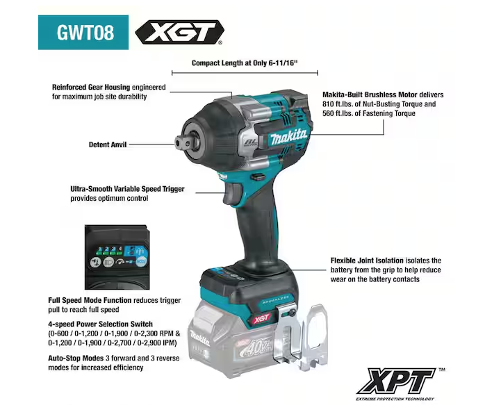 Makita 40V max XGT 4-Speed Mid-Torque 1/2 in. Impact Wrench w/ Detent Anvil GWT08Z (Tool Only)