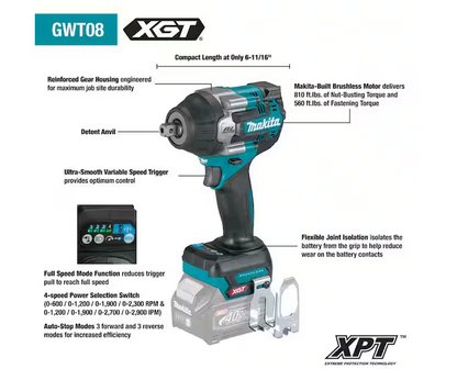 Makita 40V max XGT 4-Speed Mid-Torque 1/2 in. Impact Wrench w/ Detent Anvil GWT08Z (Tool Only)