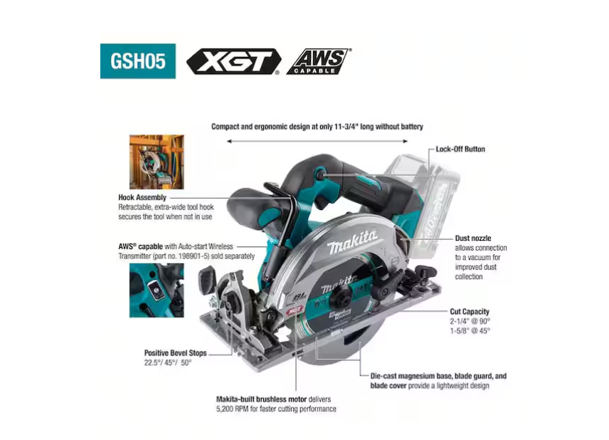 Makita 40V max XGT 6-1/2 in. Circular Saw, AWS Capable GSH05Z (Tool Only)