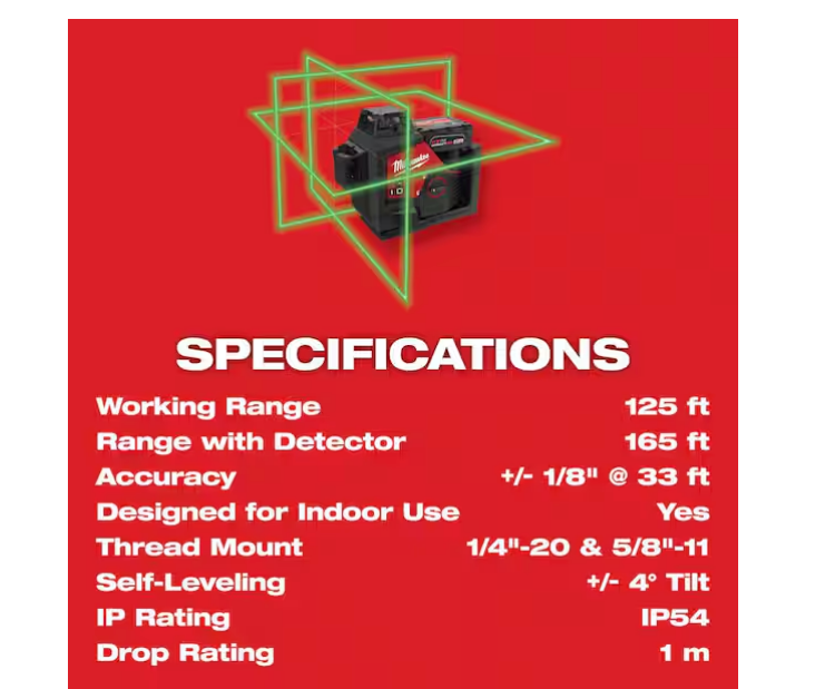 Milwaukee M12 12V Green 250 ft. 3-Plane Laser Level Kit 3632-21