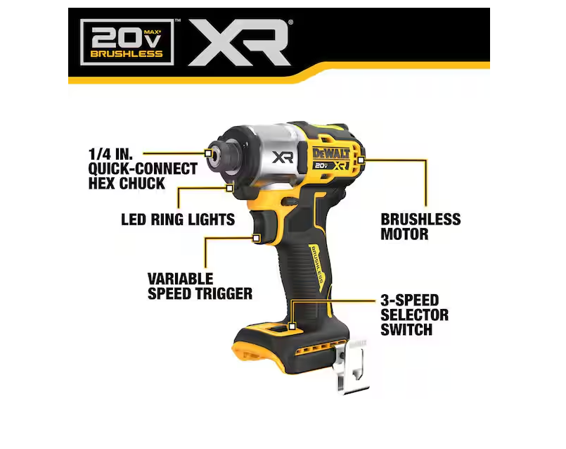Dcf845 DEWALT 20V MAX XR 1/4 in. 3-Speed Impact Driver DCF845 (Tool-Only ...