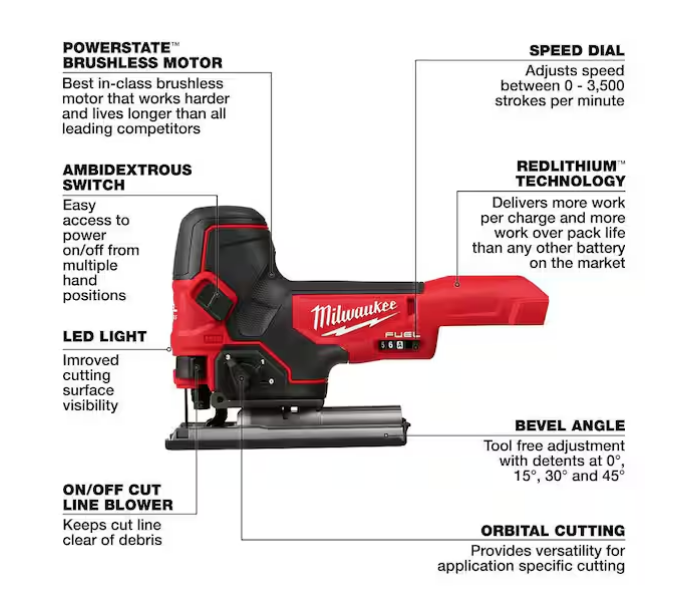 Milwaukee M18 FUEL 18V Barrel Grip Jig Saw 2737B-20 - TOOL ONLY