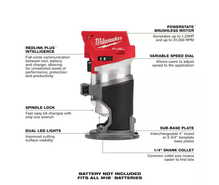 Milwaukee M18 FUEL 18V Brushless Compact Router 2723-20 (Tool-Only)