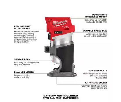 Milwaukee M18 FUEL 18V Brushless Compact Router 2723-20 (Tool-Only)