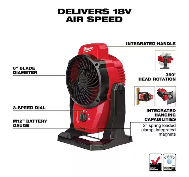 Milwaukee M12 12V Cordless Fan 0820-20 (Fan-Only)