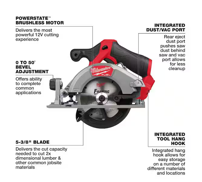 Milwaukee M12 FUEL 12V Brushless 5-3/8 in. Cordless Circular Saw 2521-20 (Tool-Only)