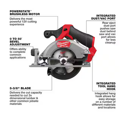 Milwaukee M12 FUEL 12V Brushless 5-3/8 in. Cordless Circular Saw 2521-20 (Tool-Only)