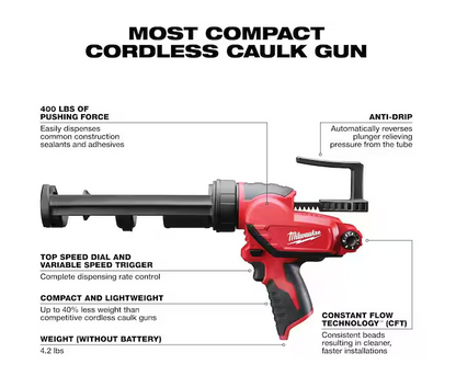 Milwaukee M12 12V Cordless 10oz. Adhesive and Caulk Gun 2441-20 (Tool-Only)