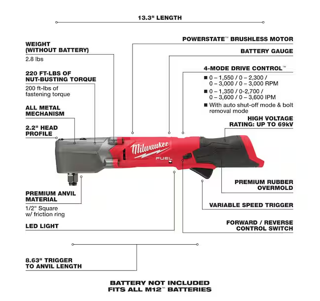 Milwaukee M12 FUEL 12V Brushless Cordless 1/2in. Right Angle Impact Wrench 2565-20 (Tool-Only)