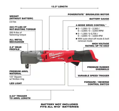 Milwaukee M12 FUEL 12V Brushless Cordless 1/2in. Right Angle Impact Wrench 2565-20 (Tool-Only)