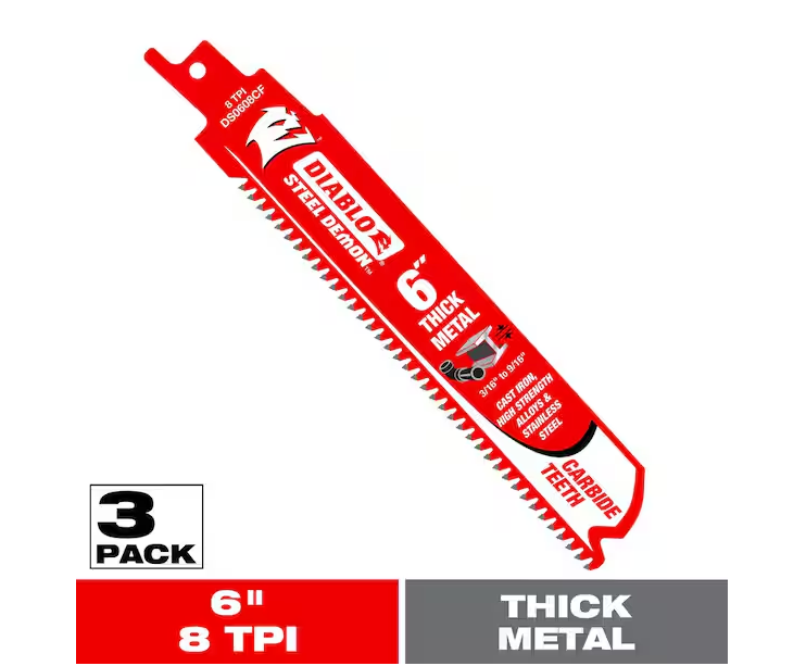 DIABLO 6" 8 TPI Steel Demon Carbide Reciprocating Saw Blades for Thick Metal (3-Pack) DS0608CF3