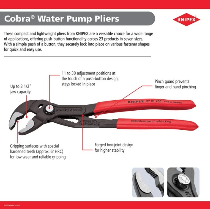 KNIPEX 7 1/4" Cobra® Water Pump Pliers 87 01 180 SBA