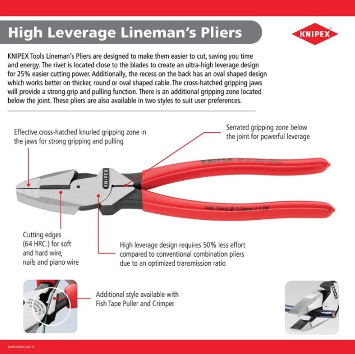 KNIPEX 9 1/2" High Leverage Lineman's Pliers New England Head 09 01 240 SBA