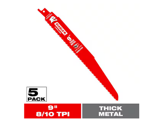 DIABLO 9" 8/10 TPI Steel Demon Bi-Metal Reciprocating Saw Blades for Thick Metal Cutting (5-Pack) DS0908BFD5
