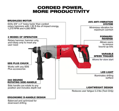 Milwaukee M18™ Brushless 1” SDS Plus D-Handle Rotary Hammer 2613-20 (TOOL ONLY)