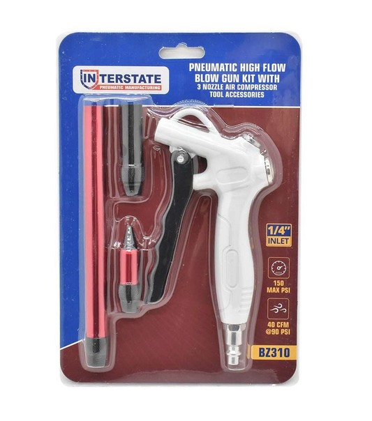 Interstate Pneumatics BZ310 High-Flow Air Blowgun Kit with 3 Nozzles