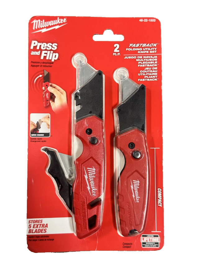 Milwaukee FASTBACK Folding Utility Knife and Compact Folding Utility Knife with Blade Storage and Gut Hook (2-Piece) 48-22-1503
