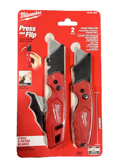 Milwaukee FASTBACK Folding Utility Knife and Compact Folding Utility Knife with Blade Storage and Gut Hook (2-Piece) 48-22-1503