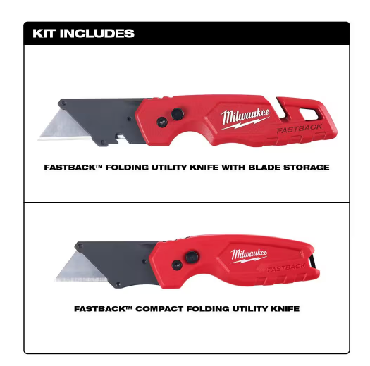 Milwaukee FASTBACK Folding Utility Knife and Compact Folding Utility Knife with Blade Storage and Gut Hook (2-Piece) 48-22-1503