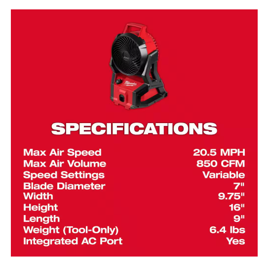 Milwaukee M18 Brushless PACKOUT Fan 0818-20 (FAN ONLY)