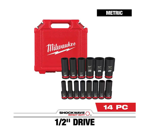 Milwaukee SHOCKWAVE Impact Duty 1/2" Drive Metric Deep 6 Point Socket Set 49-66-7014