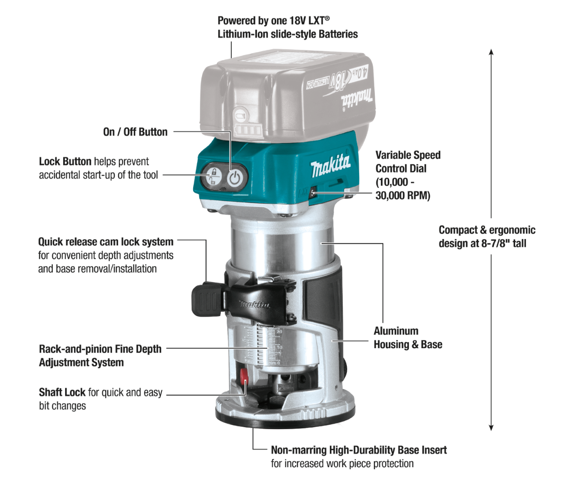 MAKITA 18V LXT® Lithium‑Ion Brushless Cordless Compact Router (TOOL ONLY) - XTR01Z