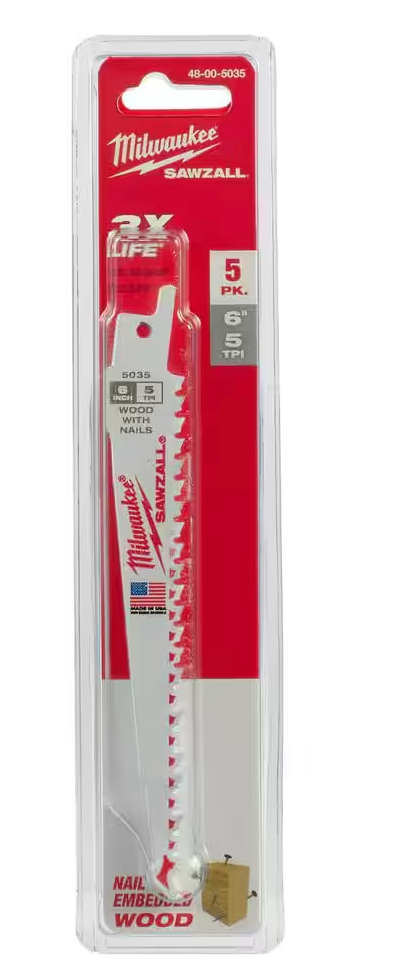 Milwaukee 6" 5 TPI Thin Kerf Wood Cutting BiMetal SAWZALL Reciprocating Saw Blades (5-Pack) (48-00-5035)