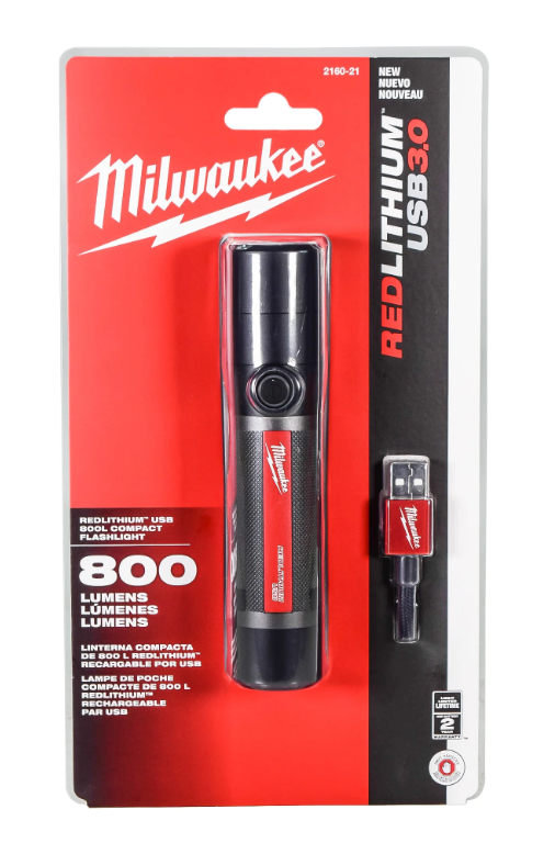 Milwaukee 800 Lumens LED USB Rechargeable HP Fixed Focus Flashlight (2160-21)