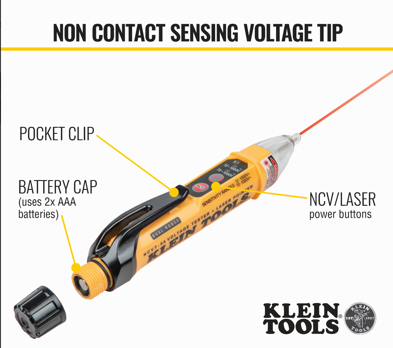 KLEIN TOOLS Non-Contact Voltage Tester Pen, Dual Range, with Laser Pointer (NCVT-5A)