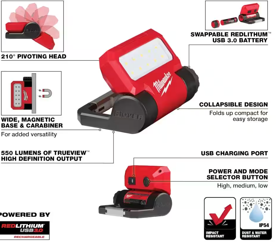 Milwaukee REDLITHIUM™ USB ROVER™ Pivoting Flood Light (2114-21)