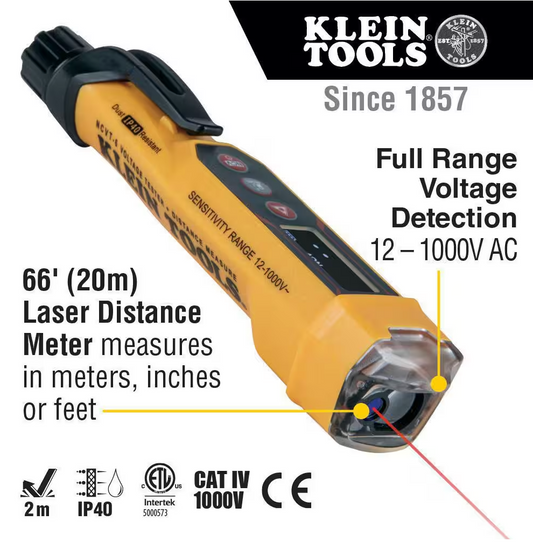 KlEIN TOOLS (NCVT-6) Non-Contact Voltage Tester Pen, 12-1000V AC, with Laser Distance Meter