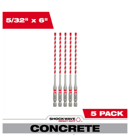 Milwaukee 5/32" SHOCKWAVE Carbide Hammer Drill Bits 5-Pack 48-20-9155