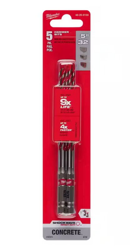 Milwaukee 5/32" SHOCKWAVE Carbide Hammer Drill Bits 5-Pack 48-20-9155