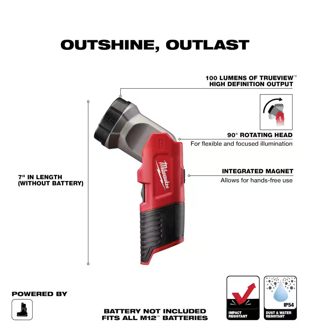 Milwaukee M12 12V Lithium-Ion 100 Lumens LED Work Flashlight 49-24-0146 (TOOL ONLY)