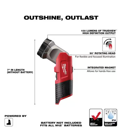 Milwaukee M12 12V Lithium-Ion 100 Lumens LED Work Flashlight 49-24-0146 (TOOL ONLY)