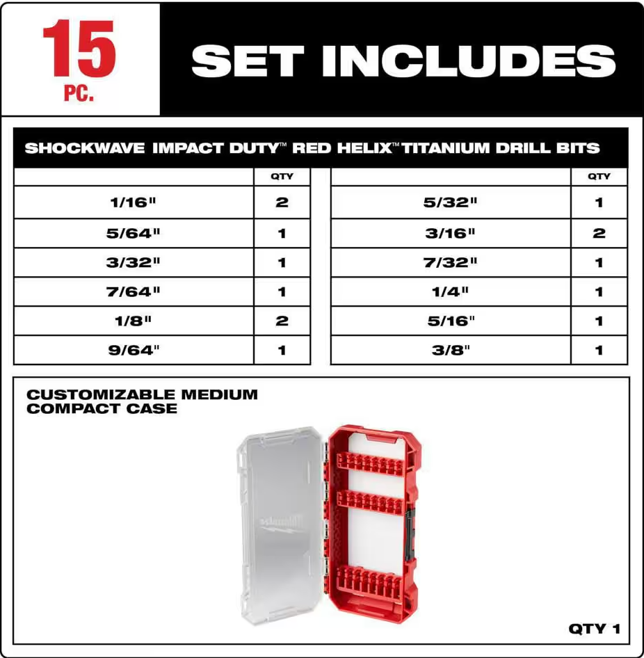 Milwaukee SHOCKWAVE Impact Duty Titanium Drill Bit Set 15-Piece (48-89-4670)