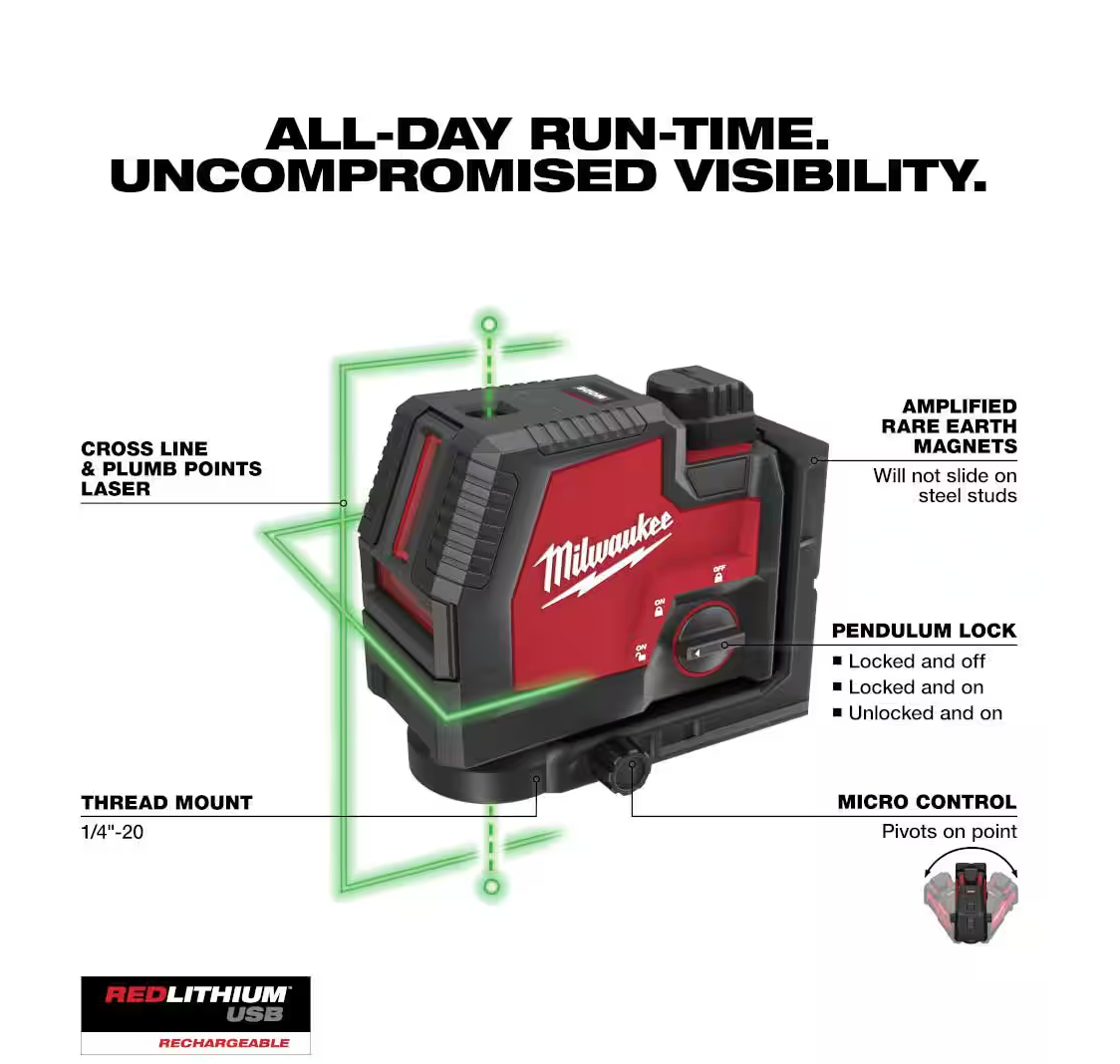 Milwaukee 100ft. Green Cross Line and Plumb Points Rechargeable Laser Level Kit (3522-21)