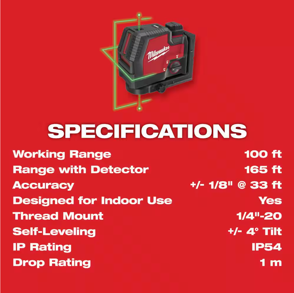 Milwaukee 100ft. Green Cross Line and Plumb Points Rechargeable Laser Level Kit (3522-21)