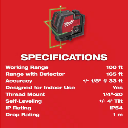 Milwaukee 100ft. Green Cross Line and Plumb Points Rechargeable Laser Level Kit (3522-21)