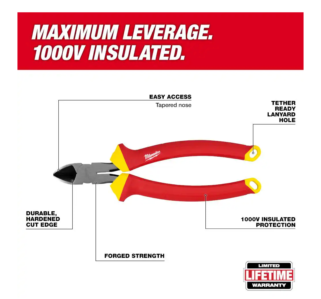 Milwaukee 1000V Insulated 8" Diagonal Cutting Pliers (48-22-2208)