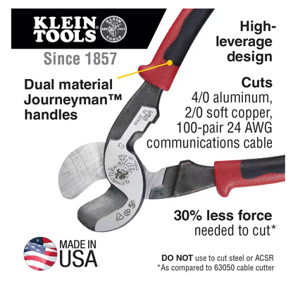 Klein Tools Journeyman High Leverage Cable Cutter with Stripping (J63225N)