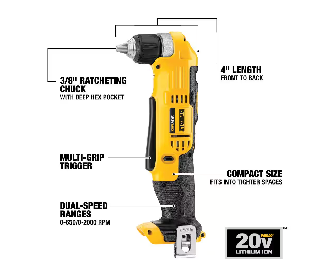 DEWALT 20V MAX 3/8" Right Angle Drill/Driver DCD740 (TOOL ONLY)