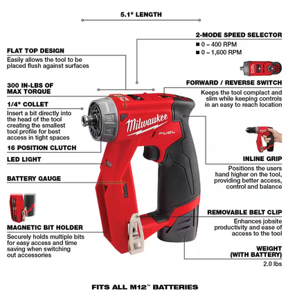 Milwaukee M12 FUEL 12V Cordless 4-in-1 Installation 3/8" Drill Driver Kit 2505-22