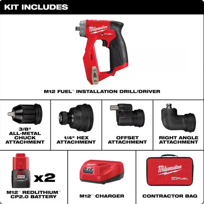 Milwaukee M12 FUEL 12V Cordless 4-in-1 Installation 3/8" Drill Driver Kit 2505-22