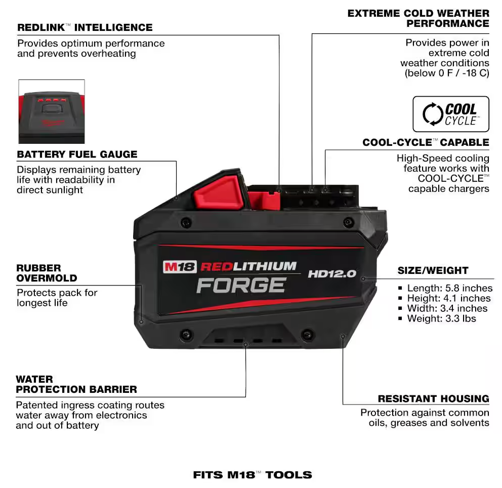 Milwaukee M18 18V REDLITHIUM FORGE HD 12.0 Ah Battery Pack (48-11-1813)