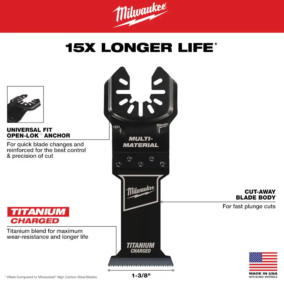 Milwaukee 1-3/8" Titanium Bi-Metal Universal Fit Wood and Metal Cutting Multi-Tool Oscillating Blade 10-Pack (49-25-1230)