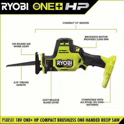 RYOBI ONE+ HP 18V Cordless Compact One-Handed Reciprocating Saw PSBRS01B (TOOL ONLY)