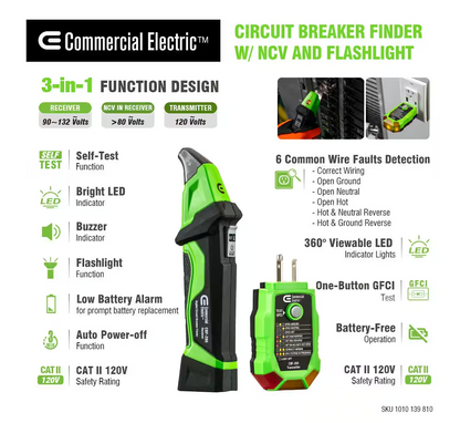 Commercial Electric Digital Circuit Breaker Finder with GFCI Outlet Tester (CBF-280)