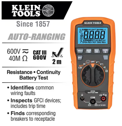 Klein Tools Digital Multi-Tester with Receptacle Tester (ET270)